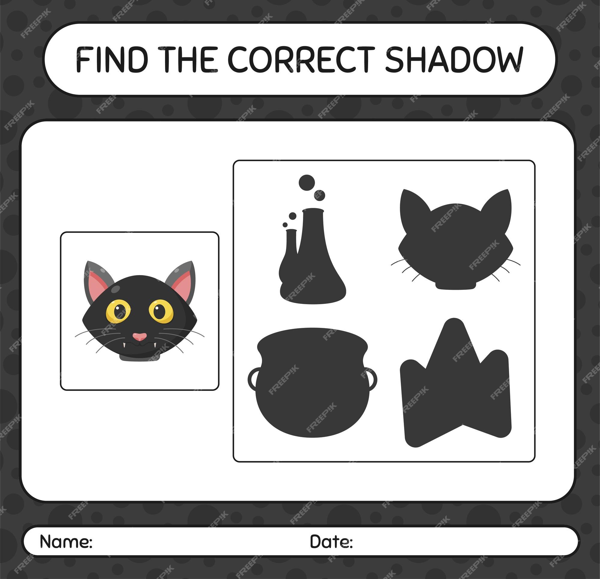 Encontre o jogo de sombras correto com o gato preto. planilha para crianças  em idade pré-escolar, planilha de atividades para crianças