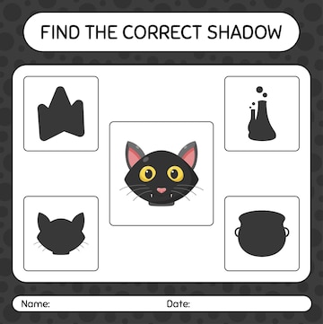 encontre o jogo de sombras correto com o gato preto. planilha para crianças  pré-escolares, folha de atividades para crianças 7735092 Vetor no Vecteezy