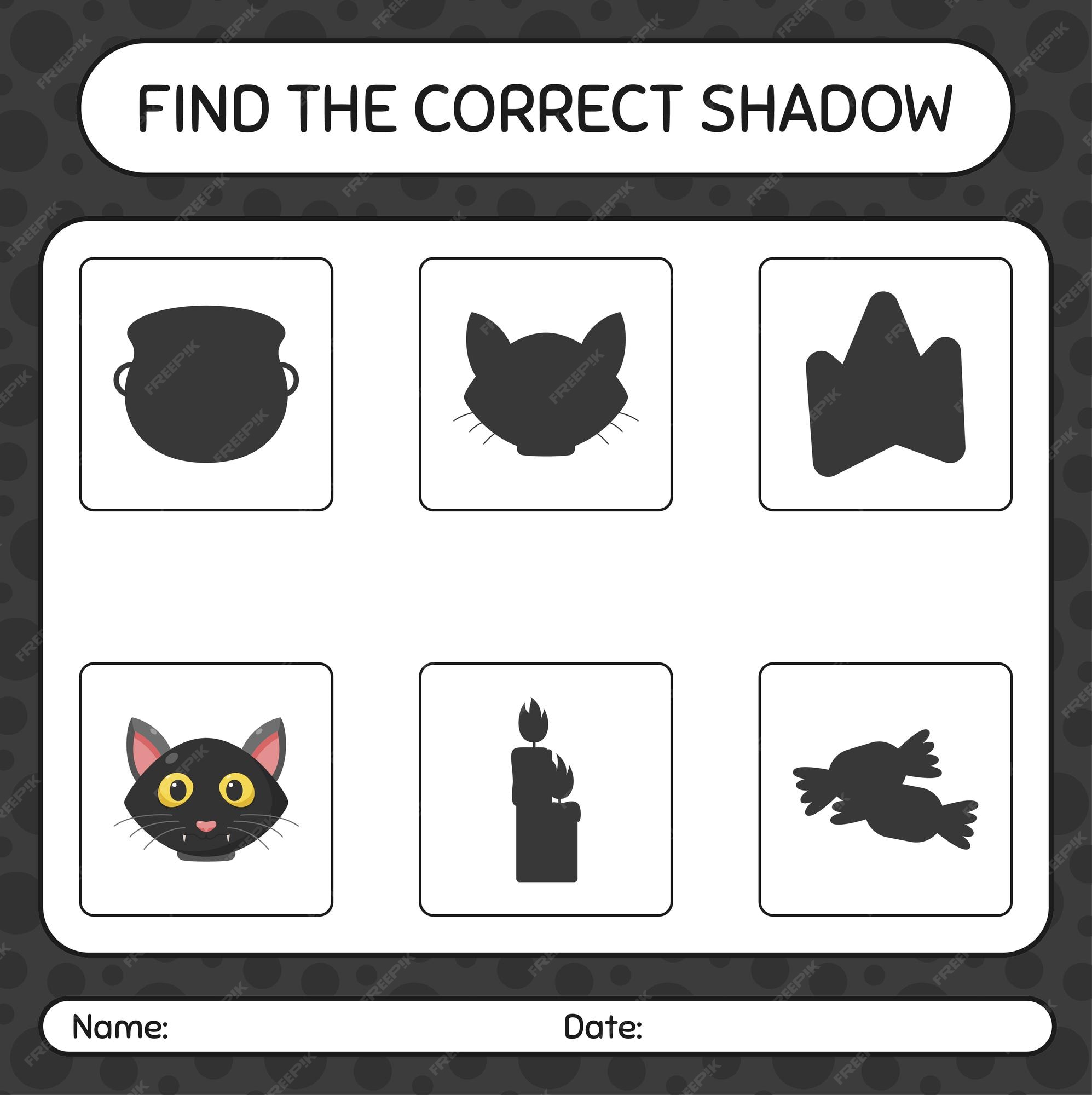 Encontre o jogo de sombras correto com o gato preto. planilha para