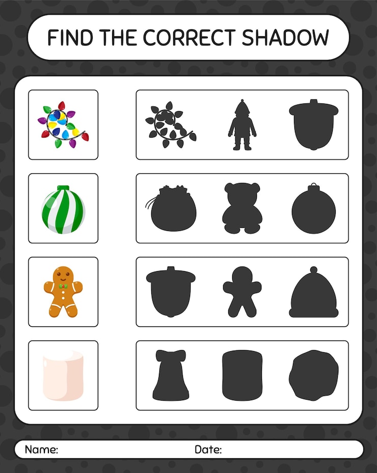Encontre o jogo de sombras correto com o ícone de natal. planilha para crianças em idade pré-escolar, planilha de atividades para crianças