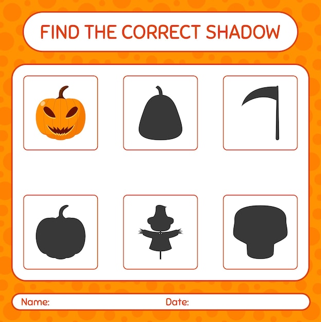 Encontre o jogo de sombras correto com o jack o 'lantern. planilha para crianças em idade pré-escolar, planilha de atividades para crianças