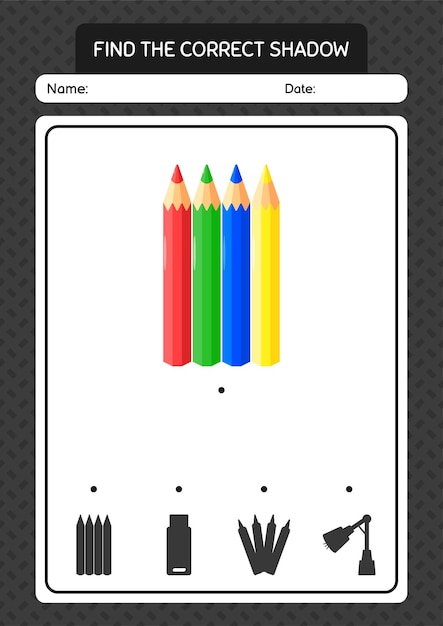Encontre o jogo de sombras correto com planilha de lápis de cor para folha de atividades de crianças pré-escolares