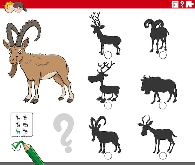 encontre o jogo educacional de sombra certa com personagem animal ibex