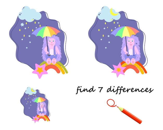 Encontre o ouriço dos desenhos animados das diferenças com um vetor de guarda-chuva isolado em um fundo branco