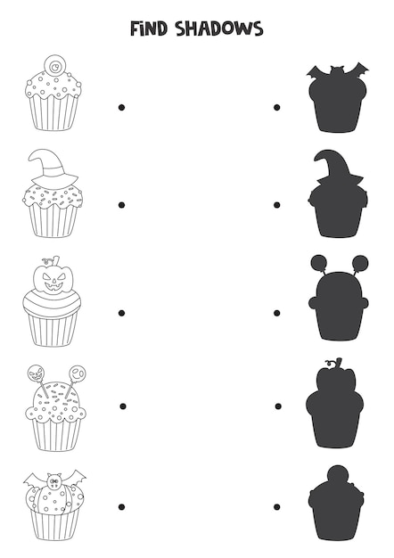 Encontre sombras de cupcakes de halloween. folha de trabalho em preto e branco. jogo lógico educativo para crianças.