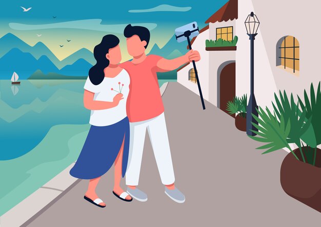 Encontro de casal em ilustração colorida de vila de resort