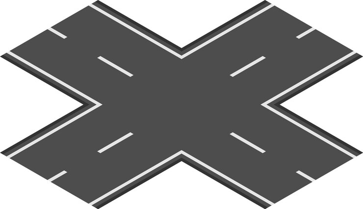 Vetor encruzilhadas que formam uma forma de x com asfalto cinza escuro e listras brancas que representam a interseção da estrada, a escolha do caminho, a decisão da direcção, a infraestrutura e a rede de viagens de transporte