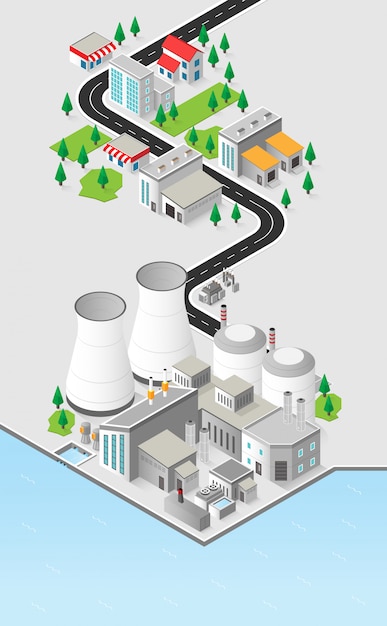 Energia nuclear, usina nuclear com gráfico isométrico