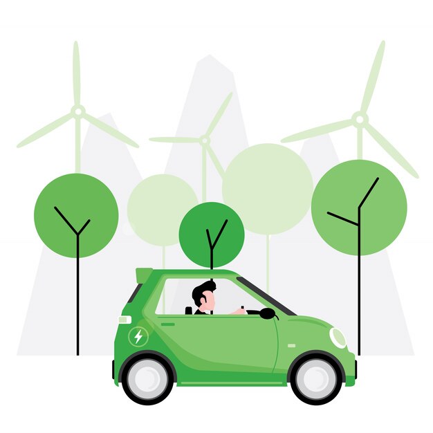 Vetor energia verde ou alternativa apresenta pessoas dirigindo um carro elétrico