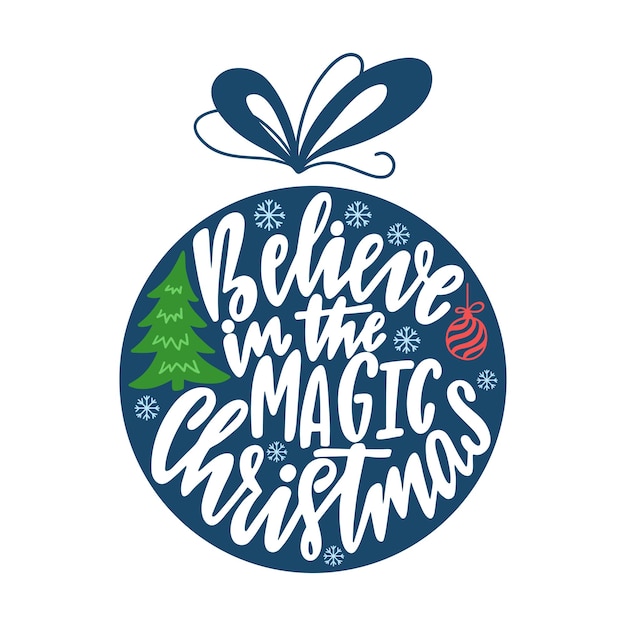 Enfeite de Natal redondo com texto de letras desenhado à mão.