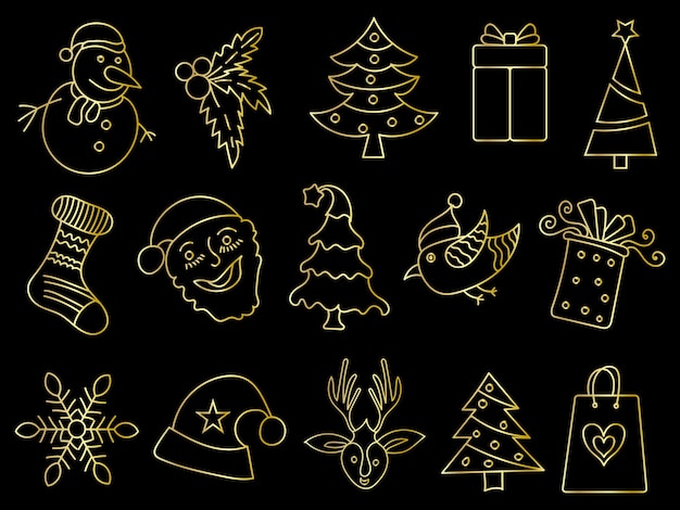 Vetor enfeites de natal dourados com bolas, flocos de neve, chapéus, estrela, árvore de natal, meia laranja