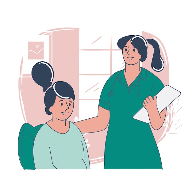 Enfermeira confortando paciente com clipboard em ilustração vetorial de consultório médico