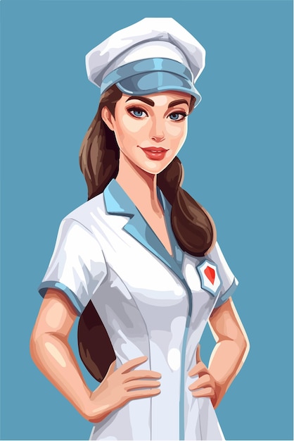 Enfermeira de uniforme azul com um coração vermelho no peito.