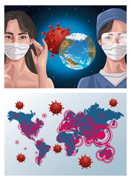 Enfermeira e mulher usando máscara de fase com mapas de continentes, proteção