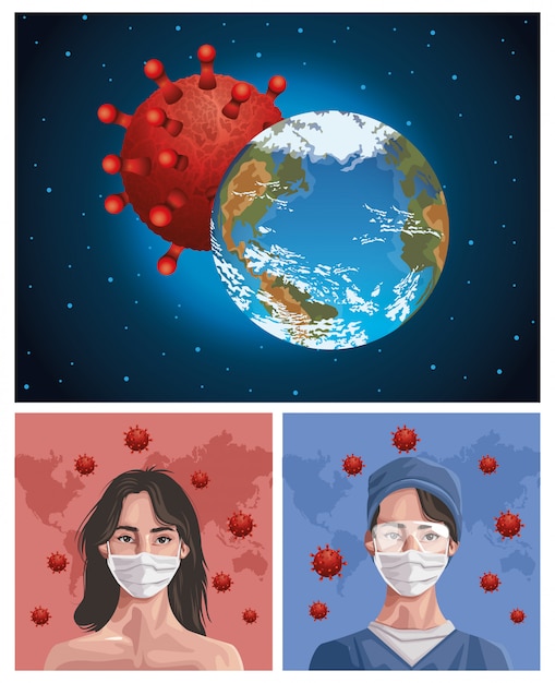 Enfermeira e mulher usando máscara de fase com o planeta Terra, proteção