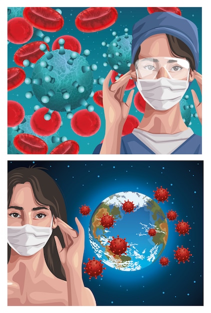 Enfermeira e mulher usando máscara de fase com o planeta Terra, proteção