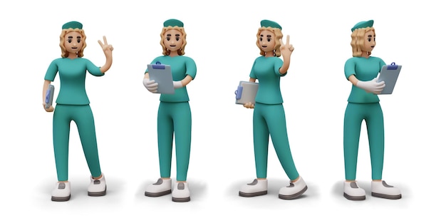 Vetor enfermeira em 3d em diferentes poses trabalhadora médica segura clipboard mostra sinal de vitória