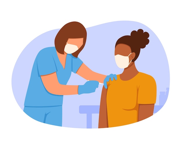 Enfermeira em pé perto do paciente e fazendo vacinação no braço Paciente e médico no procedimento de vacinação Conceito de cuidados de saúde parar vírus e ilustração vetorial de gripe em cores azuis