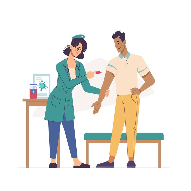 Vetor enfermeira fazendo injeção em personagens de desenhos animados planos de prevenção de coronavírus adultos