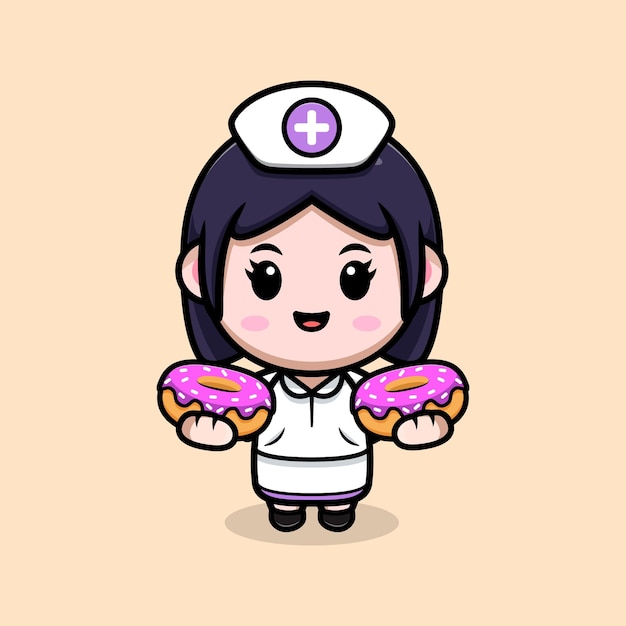 Enfermeira fofa segurando rosquinhas kawaii ilustração de personagem de desenho animado