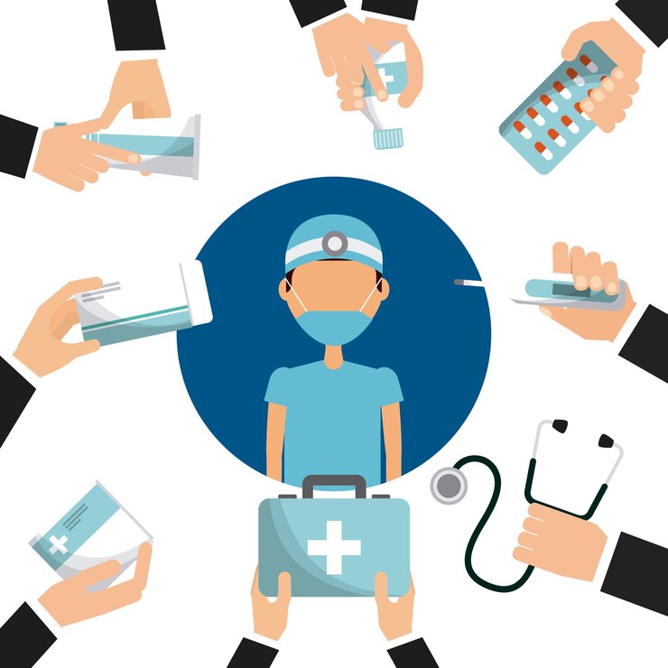 Vetor enfermeira médica e mãos segurando um equipamento de medicina