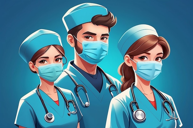 Vetor enfermeiras com máscaras e chapéus médicos vírus flutuando no ar pessoal médico está lutando contra uma infecção viral