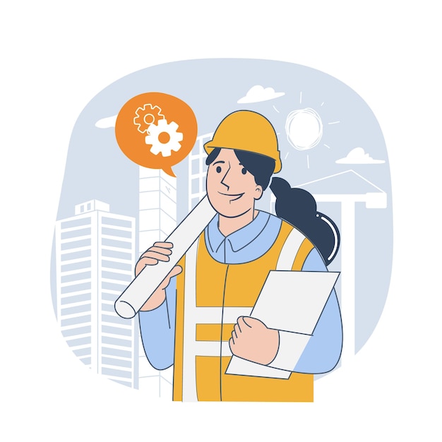 Engenheira segurando o plano e o caderno no canteiro de obras