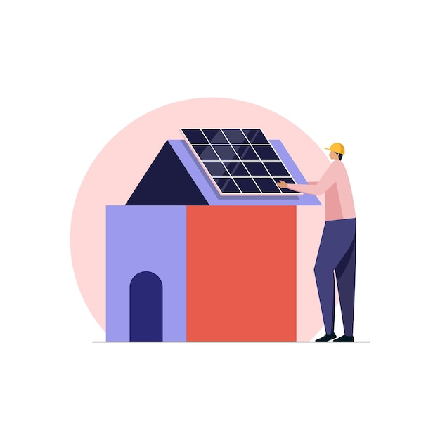 Engenheiro a instalar painéis solares no telhado Trabalhador de construção a construir uma nova casa Casa de sonho