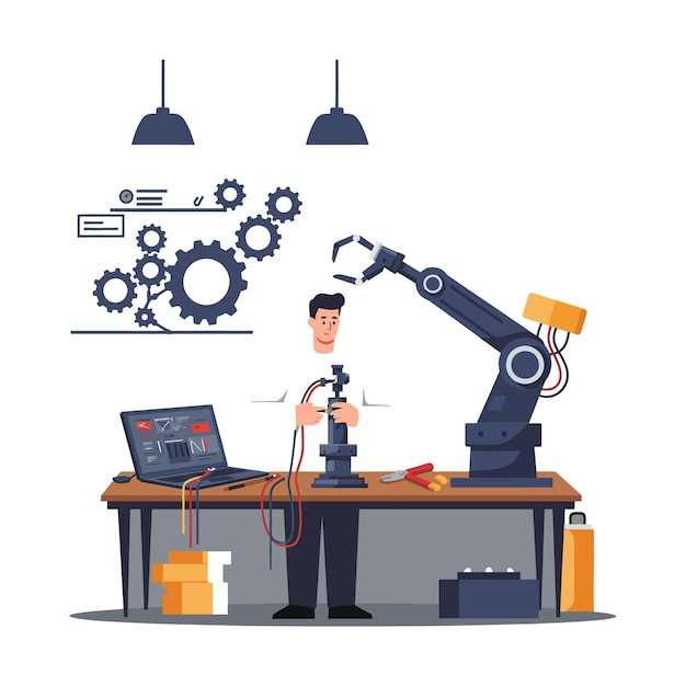 Engenheiro a operar um braço robótico num espaço de trabalho moderno com equipamento técnico e engrenagens