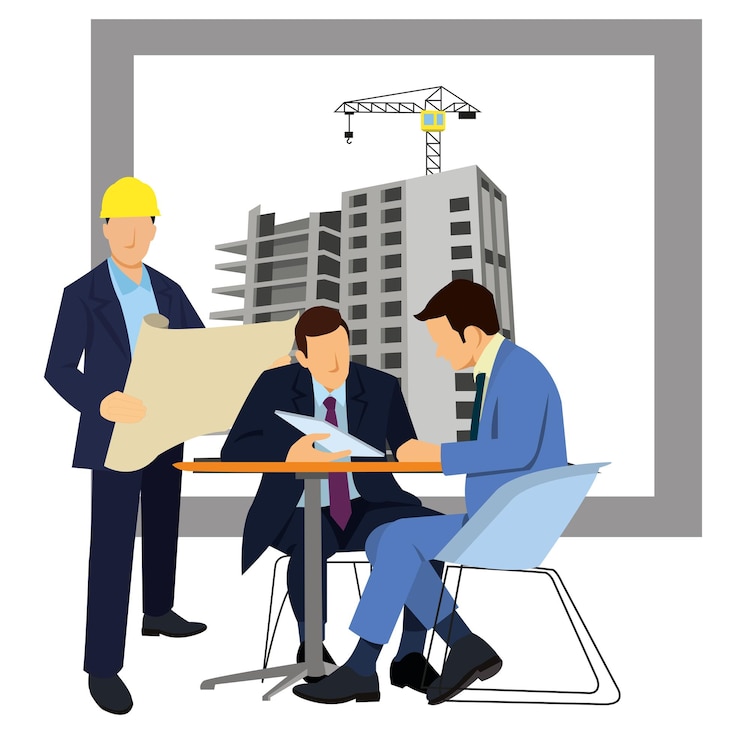 Vetor engenheiro arquiteto civil inteligente inspecionando e trabalhando ao ar livre construindo lado com projeto de engenharia e conceito de arquitetura