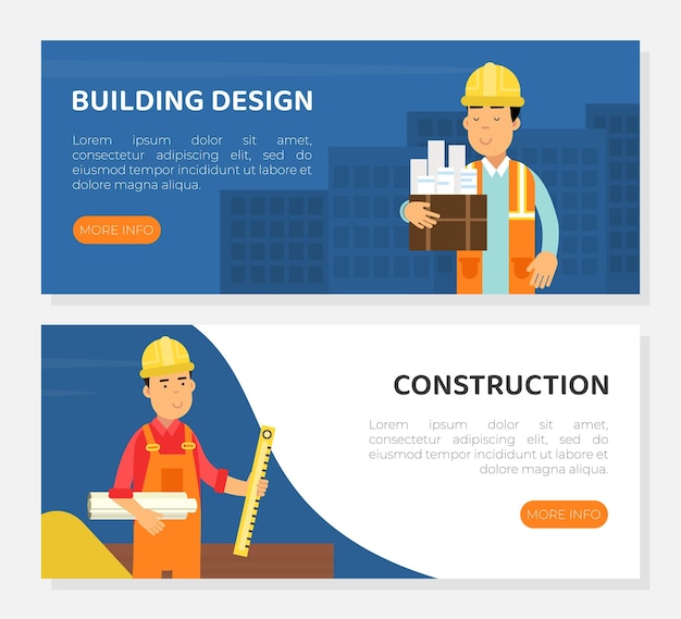 Engenheiro de construção e construção civil com personagem de construtor de chapéu amarelo