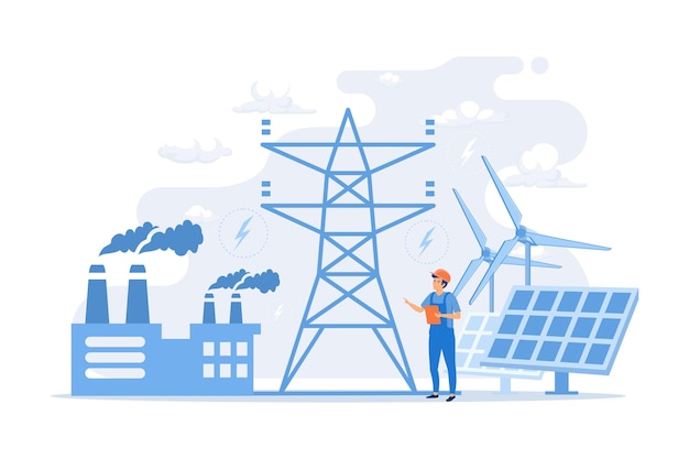 Engenheiro escolhendo usina com painéis solares e turbinas eólicas. Energia alternativa,