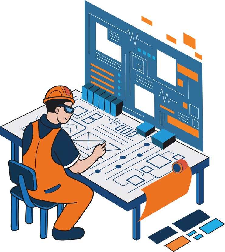 Vetor engenheiro masculino supervisionando a ilustração do trabalho de construção no estilo doodle