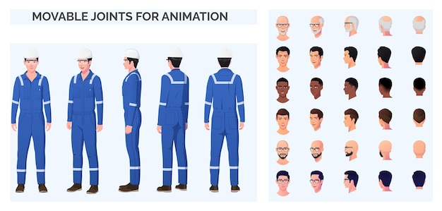 Engenheiro reparador pacote de criação de personagem macacão azul capacete de segurança várias etnias raças