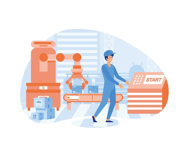 Engenheiro trabalhando com interface interativa Indústria inteligente manufatura inovadora vetor plano ilustração moderna