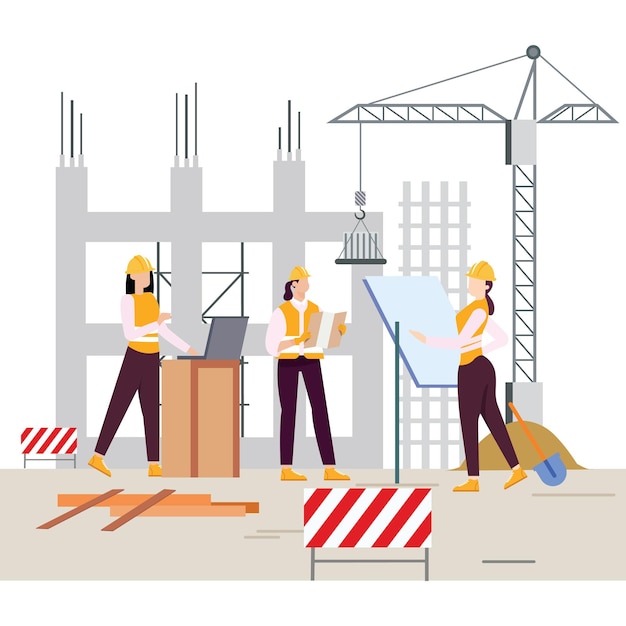 Engenheiros de pé rotineiros no local de construção