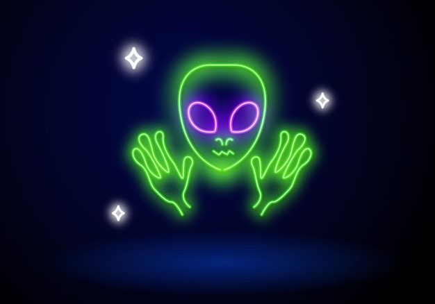 Engraçado cabeça alienígena verde sinal de neon invasão fantasia design de inteligência extraterrestre noite sinal de neon brilhante banner de luz outdoor colorido