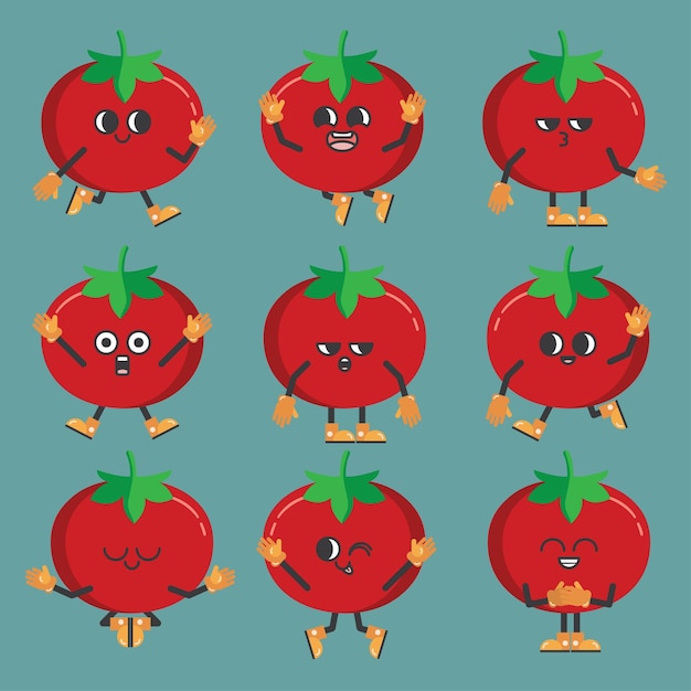 Engraçado conjunto de vegetais em personagem de desenho animado em vários gestos de tomate com emoção diferente em estilo cômico para ilustração vetorial de designer gráfico