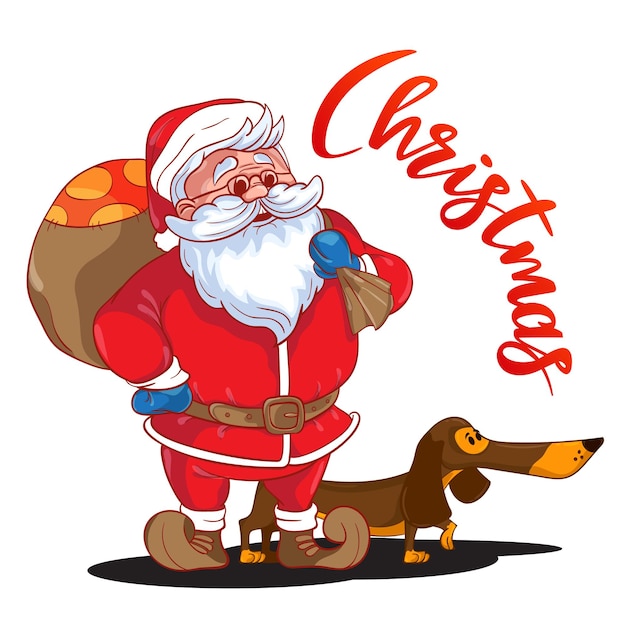 Vetor engraçado dos desenhos animados de papai noel com saco de presentes nas costas e dachshund marrom - símbolo do ano. papai noel colorido isolado no fundo branco. ilustração vetorial. perfeito para cartões de saudação