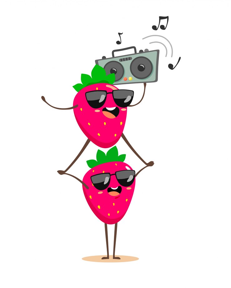 Engraçado morangos uns sobre os outros com um gravador dançando e ouvindo música. Personagens de desenhos animados no estilo kawaii na festa de verão.