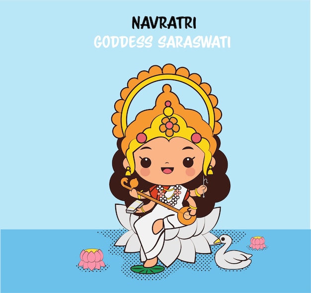 Engraçado personagem de desenho animado da deusa saraswati para o festival navratri na índia