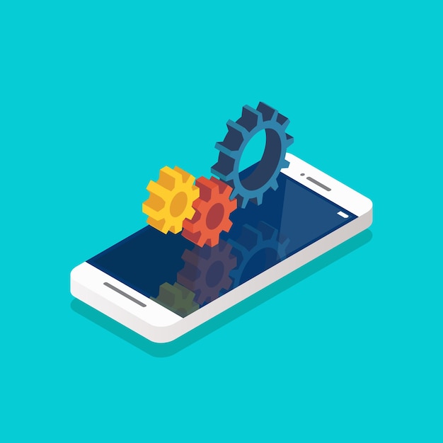 Engrenagens mecânicas na tela do smartphone isométricas. Ilustração vetorial