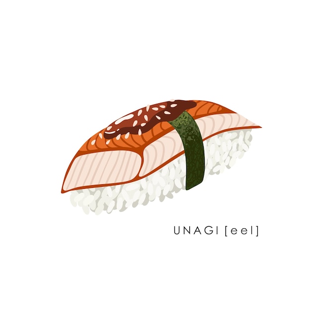 Enguia sushi nigiri em fundo branco. unagi nigiri. comida tradicional japonesa. vetor clipart.