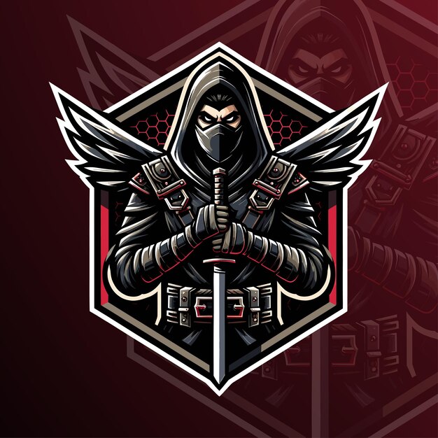 Enigmático assassin dark warrior com logotipo de asas para esports e equipes de jogos