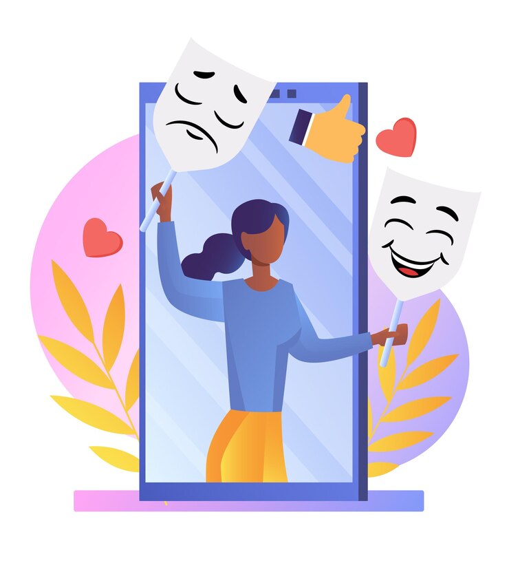Vetor enmascarar verdadeiros sentimentos escondendo rostos atrás de máscaras sociais com falsas emoções positivas máscara teatral.