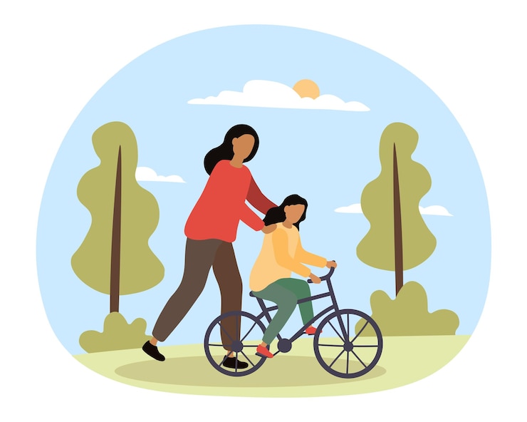 Vetor ensinar a andar de bicicleta mãe e filha caminhar fora pai ajuda as crianças em seus hobbies