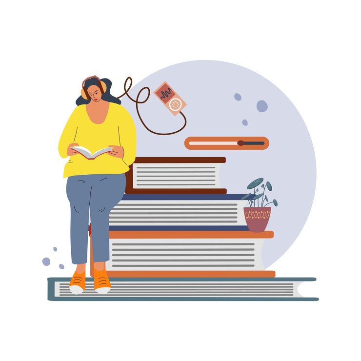 Vetor ensino a distância em formato online a menina ouve palestras e lê livros