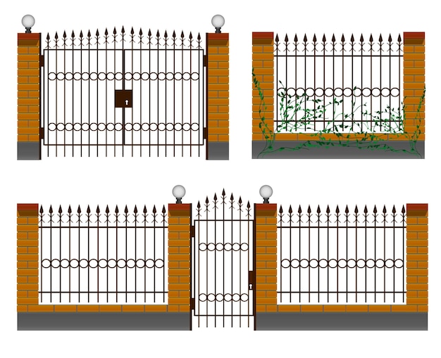 Vetor entrada de vedação com cerca de ferro portões de ferro forjado