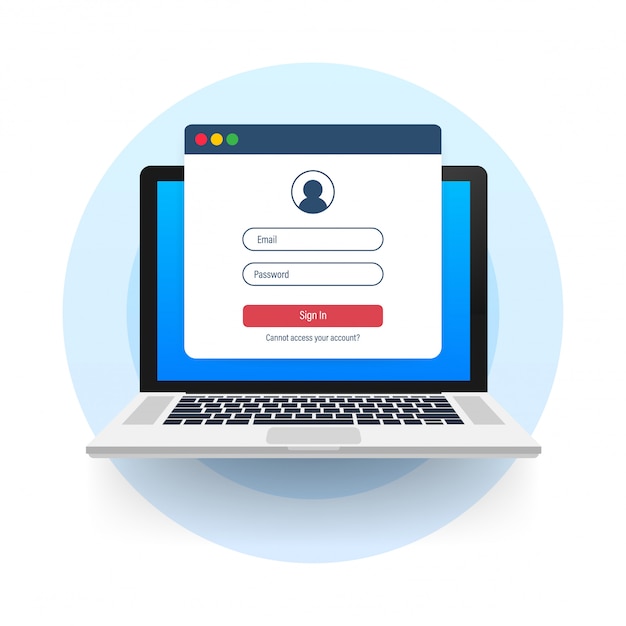 Entre na conta, autorização do usuário, conceito de página de autenticação de login. Laptop com página de formulário de login e senha na tela. ilustração das ações.