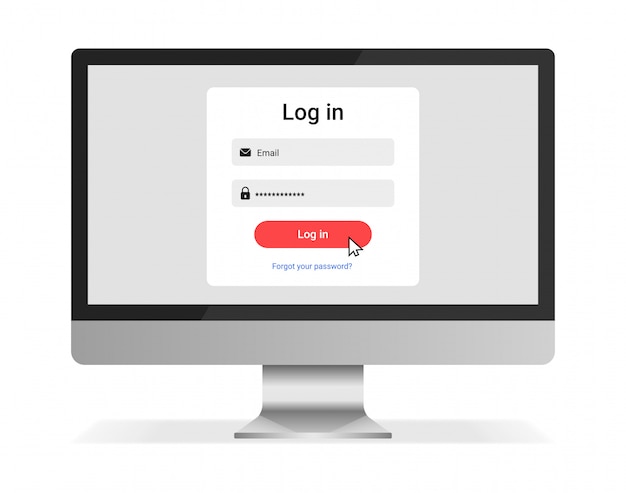 Entre na página na tela do computador. computador desktop com formulário de login e botão de login